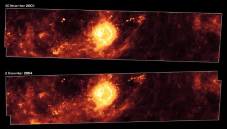 These images from NASA's Spitzer Space Telescope, taken one year apart, show the supernova remnant Cassiopeia A (yellow ball) and surrounding clouds of dust (reddish orange).