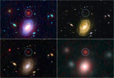This image demonstrates how data from two of NASA's Great Observatories, the Spitzer and Hubble Space Telescopes, are used to identify one of the most distant galaxies ever seen. This galaxy is named named HUDF-JD2.