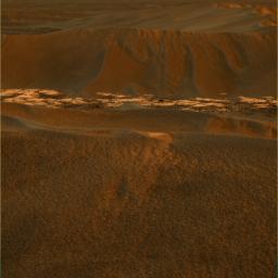 These images were acquired by NASA's Mars Exploration Rover Opportunity in 2005. The view looks towards the east, covering a large wind-blown ripple called 'Scylla' other nearby ripples and patches of brighter rock strewn with dark cobbles.