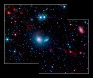 This false-color infrared image from NASA's Spitzer Space Telescope shows little 'dwarf galaxies' forming in the 'tails' of two larger galaxies that are colliding together.