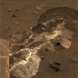 NASA's Mars Exploration Rover Spirit analyzed a remarkable exposure of bright, loose material on Jan 19, 2006. Spirit discovered the material while driving toward 'Home Plate' along the floor of the basin south of 'Husband Hill' in Gusev Crater. 