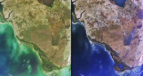 Florida's Everglades is a region of broad, slow-moving sheets of water flowing southward over low-lying areas from Lake Okeechobeeto the Gulf of Mexico. These images fromNASA's Terra satellite show the Everglades region on January 16, 2002.