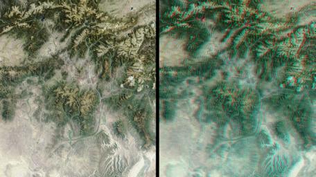 The mountains and desert plateaus of northwest Colorado are shown in this anaglyph from the MISR instrument aboard NASA's Terra spacecraft. 3D glasses are necessary to view this image.