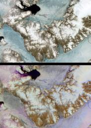 Devon Island is situated in an isolated part of Canada's Nunavut Territory, and is usually considered to be the largest uninhabited island in the world. These images were acquired by NASA's Terra satellite on June 28, 2001.