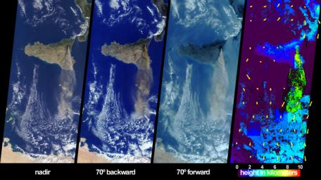 The height and southward extent of the ash plume emanating from Sicily's Mount Etna volcano on October 27, 2002 are captured in these four image panels from NASA's Terra spacecraft.