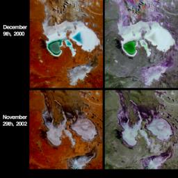 Lake Eyre is a large salt lake situated between two deserts in one of Australia's driest regions. These four images from NASA's Terra spacecraft austral summers of 2000 and 2002.
