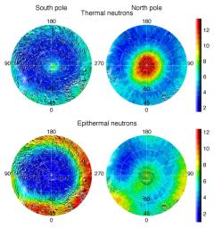Observations by NASA's Mars Odyssey spacecraft show views of the polar regions of Mars in thermal neutrons (top) and epithermal neutrons (bottom). In these maps, deep blue indicates a low amount of neutrons and red indicates a high amount.