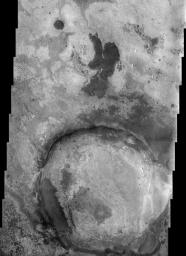 This image by NASA's Mars Odyssey illustrates the complex terrains within Terra Meridiani. This general region is one of the more complex on Mars, with a rich array of sedimentary, volcanic, and impact surfaces that span a wide range of Martian history.