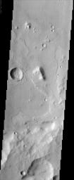 The floor of a 75 km diameter crater in the Amenthes region of Mars displays lobate flow features in the center of this image from NASA's Mars Odyssey spacecraft. 
