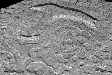 NASA's Mars Global Surveyor shows a 50-cm contour map of part of Mars' south polar ice cap. The region shown is roughly a kilometer on a side. The shaded relief model is shown with a tenfold vertical exaggeration.