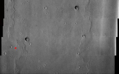 NASA's Viking 1 landing site is shown in this commemorative image from NASA's Mars Odyssey spacecraft to celebrate the July 20, 1969 and 1976 anniversaries of NASA's Apollo 11 and Viking 1 landings on the Moon and Mars, respectively.