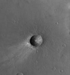 NASA's Mars Global Surveyor shows a small, relatively young impact crater in the Xanthe Terra region of Mars. Boulders can be seen in the crater ejecta deposit.
