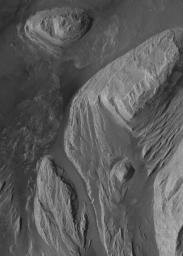 NASA's Mars Global Surveyor shows light-toned, wind-eroded, sedimentary rock outcrops in eastern Candor Chasma, part of the Valles Marineris trough system on Mars.