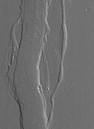 NASA's Mars Global Surveyor shows a small portion of a broad, shallow channel system located on the plains northeast of Olympus Mons on Mars.