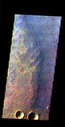 This false color image from NASA's Mars Odyssey spacecraft shows craters and a channel margin, in the region of southern Acidalia Planitia where Tiu and Ares Valles empty into the planitia. This image was collected during the northern spring season.
