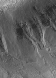 NASA's Mars Global Surveyor shows gullies formed in material on the walls of an impact crater in the martian southern hemisphere. A liquid, laden with debris, poured down these slopes to form the gullies.