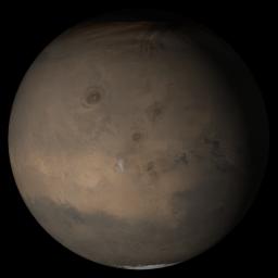 NASA's Mars Global Surveyor shows the Tharsis face of Mars in mid-July 2005.