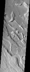 The jumble of eroded ridges and mesas seen in this NASA Mars Odyssey image occurs within Ares Vallis, one of the largest catastrophic outflow channels on the planet. Floods raged through this channel, pouring out into the Chryse Basin to the north.