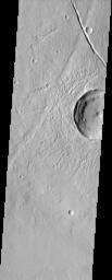This area of Mars imaged by NASA's Mars Odyssey shows a wonderful example of relative geologic dating. Ancient lava flows and escarpments are mantled by younger impact ejecta, which was cut by a younger graben and resurfaced by smaller impact craters.