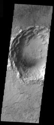 This image from NASA's Mars Odyssey shows a crater interior on Mars containing smaller craters, sand dunes, and erosional features caused the wind. Additionally, the crater rim appears subdued, likely due to dust cover.