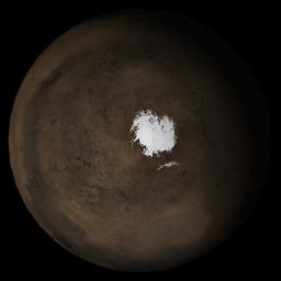 NASA's Mars Global Surveyor shows the south polar region of Mars in mid-August 2005.