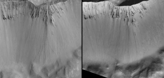 When a boulder rolls down a dusty slope, it can leave behind a trail of depressions known as boulder tracks. This image is from NASA's Mars Global Surveyor spacecraft.