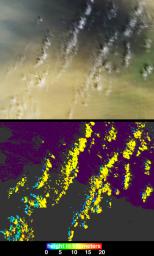 On March 2, 2003, NASA's Terra spacecraft saw near-surface winds carrying a large amount of Saharan dust aloft and transported the material westward over the Atlantic Ocean.