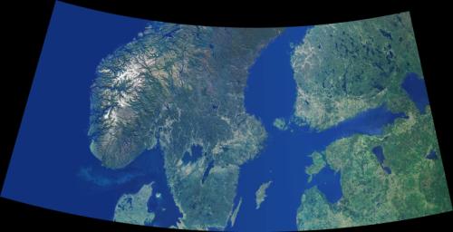 Data from NASA's Terra spacecraft were combined to create this cloud-free natural-color mosaic of Scandinavia and the Baltic region.