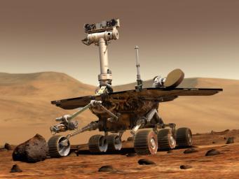 An artist's concept portrays a NASA Mars Exploration Rover on the surface of Mars. Two rovers were launched in 2003 and arrived at sites on Mars in January 2004.
