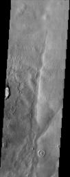 The long sharp-crested features observed in this image from NASA's Mars Odyssey spacecraft are named yardangs. Yardangs form by wind erosion and typically lie in the direction of the dominant wind.