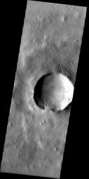 In the high northern latitudes northwest of Alba Patera, a smooth mantle of material that covers the landscape appears chipped away from the rim of a large crater, as observed in this image from NASA's Mars Odyssey spacecraft.