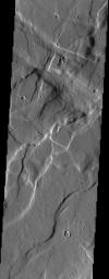 The crosscutting relationships observed in this image from NASA's Mars Odyssey spacecraft can be used to determine the relative timing of graben and channel formations.