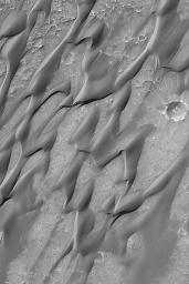 NASA's Mars Global Surveyor shows dark, somewhat cemented, wind-scoured sand dunes of central Herschel Crater on Mars.