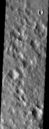 Amidst the hummocky topography produced by the ejecta from Lyot crater, smooth patches of material fill shallow depressions in this NASA Mars Odyssey image.