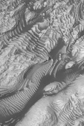 NASA's Mars Global Surveyor shows dozens of layers of sedimentary rock in an unnamed western Arabia crater on Mars.