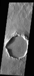 This crater on Mars is located at 37N, a latitude far enough north that ground ice is present, and it sculpts the terrain when it moves. This image is from NASA's Mars Odyssey.