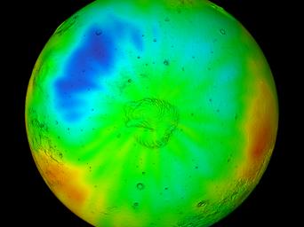 Observations by NASA's 2001 Mars Odyssey spacecraft show a summertime view of the north polar region of Mars in intermediate-energy, or epithermal, neutrons.