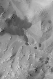 NASA's Mars Global Surveyor shows dark sand dunes and lighter-toned ripples trapped among the mountainous central peak of an old impact crater in Terra Tyrrhena on Mars.