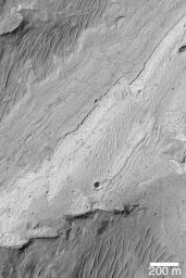 NASA's Mars Global Surveyor shows an offset in layered rock caused by a fault located on the floor of Ius Chasma on Mars.