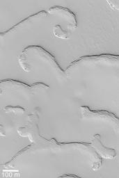 NASA's Mars Global Surveyor shows pits and scarps in Mar's frozen south polar carbon dioxide ice cap.