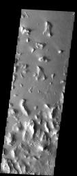 NASA's Mars Odyssey spacecraft captured this image in July 2003, showing mesas with interesting erosional patterns just south of Olympus Mons on Mars.