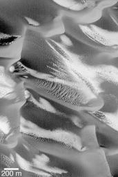 NASA's Mars Global Surveyor shows retreating patches of frost on a field of large, dark sand dunes in the Noachis region of Mars. Large, windblown ripples of coarse sediment are also seen on some of the dunes. 