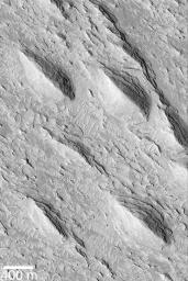 NASA's Mars Global Surveyor shows yardangs in the Aeolis region of Mars. Yardangs are ridges formed by wind erosion.