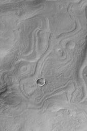 NASA's Mars Global Surveyor shows banded terrain in easternmost Hellas Planitia, between the distal ends of Dao and Harmakhis valleys on Mars.