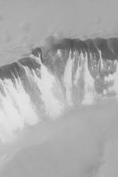NASA's Mars Global Surveyor shows defrosting gullies and mass movement (landslide) features in the south polar region of Mars.
