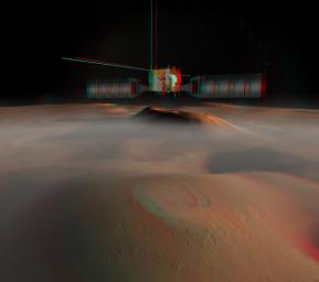The European Space Agency's Mars Express spacecraft is depicted in orbit around Mars in this artist's concept stereo illustration. 3D glasses are necessary to view this image.