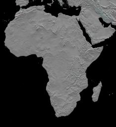 This stereoscopic shaded relief image from NASA's Shuttle Radar Topography Mission shows Africa's topography. Also shown are Madagascar, the Arabian Peninsula, and other adjacent regions. 3D glasses are necessary to view this image.
