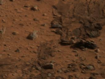 The smooth surfaces of angular and rounded rocks seen in this image of the martian terrain may be the result of wind-polishing debris. The picture was taken by the panoramic camera onboard NASA's Mars Exploration Rover Spirit. 
