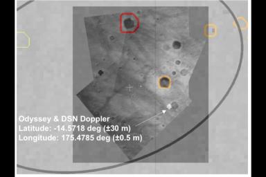 This map, taken by NASA's Mars Exploration Rover Spirit's lander, shows the estimated location of the rover within Gusev Crater, Mars.