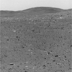 NASA's Mars Exploration Rover Spirit took this grey-scale panoramic camera image on sol 100, April 14, 2004. It captures Spirit's the highlands informally named 'Columbia Hills.'